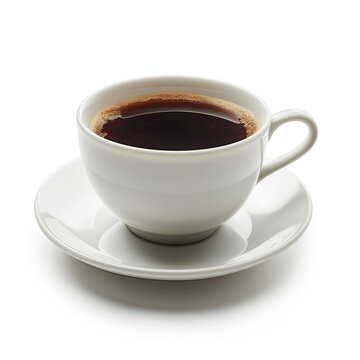 A close-up image showcasing a full, white coffee cup with a saucer, emphasizing the rich dark coffee and its inviting aroma.