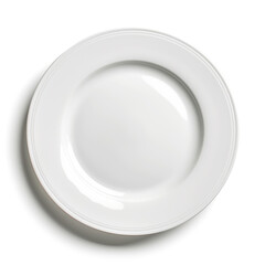 A pristine white plate with a glossy finish, perfectly isolated on a white background, showcasing its simplicity and elegance.