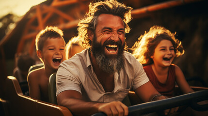 Young family screaming with arms raised on roller coaster - obrazy, fototapety, plakaty
