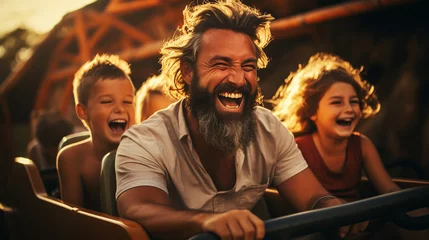 Fotobehang Young family screaming with arms raised on roller coaster © alexkich