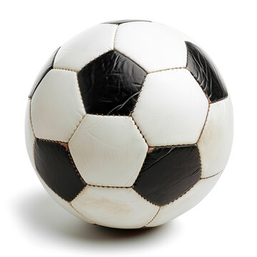 A close-up image of a traditional black and white soccer ball isolated on a white background, showcasing its detailed texture and design.