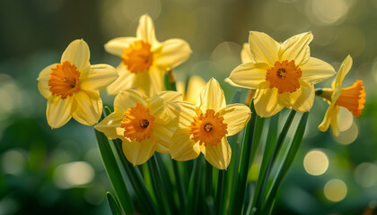 A cluster of vibrant yellow daffodils,duke of rothesay narcissus, glowing in soft sunlight,AI generated