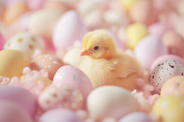 Cute chick with pastel coloured Easter eggs , Easter banner