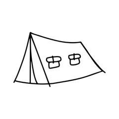 Linear black white tent icon. Simple stock vector illustration isolated on white background. Tent for hiking and traveling. Outline tent for wild life in nature. Can be used as a sticker, symbol, sign