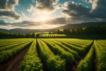 Envision a mesmerizing panorama capturing the harmony of nature, featuring vibrant fields and orderly rows of currant bush seedlings.