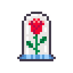 Rose in a flask of glass isolated on white background. Red eternal flower pixel icon. Beauty and Beast story. Romantic symbol. Vector illustration in 16 bit old style.