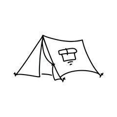 Linear black white tent icon. Simple stock vector illustration isolated on white background. Tent for hiking and traveling. Outline tent for wild life in nature. Can be used as a sticker, symbol, sign