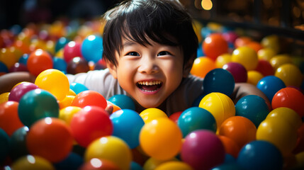 Fototapeta na wymiar Cute smiling kid in sponge ball pool looking at camera