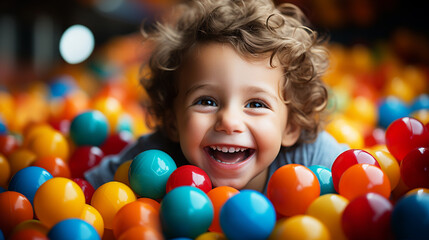 Obraz na płótnie Canvas Cute smiling kid in sponge ball pool looking at camera
