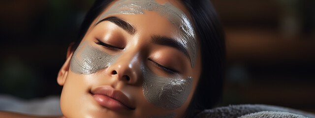 Face peeling mask, spa beauty treatment, skincare. Woman getting facial care by beautician at spa salon, side view, close-up - obrazy, fototapety, plakaty