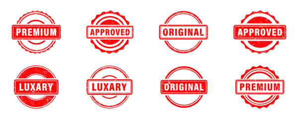 Red rubber stamp collection. Premium, Luxary, Approved, Original text stamp. Rubber stamp frame. - obrazy, fototapety, plakaty