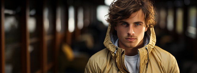 
Banner of a handsome young man with light blue eyes and a yellow jacket on a diffuse background with copy space. Handsome boy with light brown hair looking at the camera. - obrazy, fototapety, plakaty