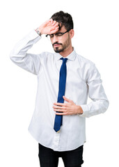 Young handsome business man wearing glasses over isolated background Touching forehead for illness and fever, flu and cold, virus sick