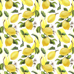 Lemons are yellow, juicy, ripe with green leaves, flower buds on the branches, whole and slices. Watercolor, hand drawn botanical illustration. Seamless pattern on a white background