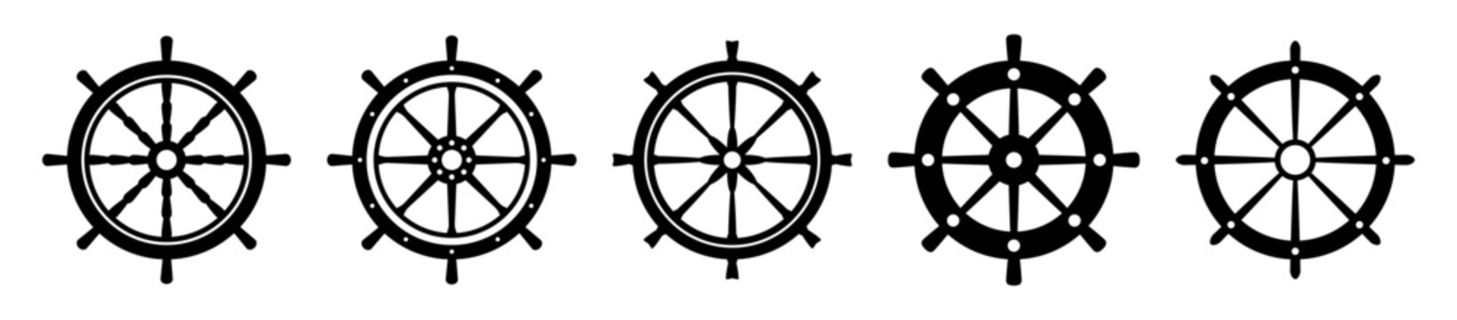 Helm icons. Ship helm vector icons. Nautical steering wheels. Ship, yacht wheel symbols. Nautical rudder icon. Nautical steering wheel