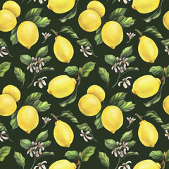 Lemons are yellow, juicy, ripe with green leaves, flower buds on the branches, whole and slices. Watercolor, hand drawn botanical illustration. Seamless pattern on a green background