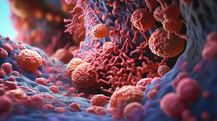 An ultra-realistic close-up scientific image of microbiota colonies in the intestine. Microbiome. Generative AI