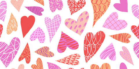 Colorful hearts seamless pattern with hand drawn textures, lines and doodles. Bright grunge texture. Trendy design. Modern art background. Vector illustration for Valentine's Day.