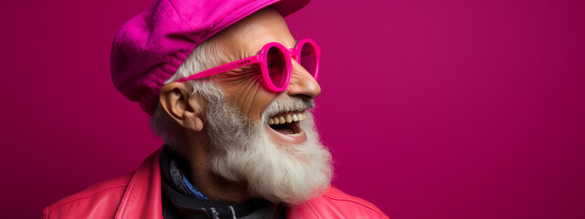 Photo of retired old man open mouth shiny smile excited isolated color background - obrazy, fototapety, plakaty