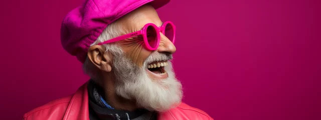 Deurstickers Photo of retired old man open mouth shiny smile excited isolated color background © alexkich