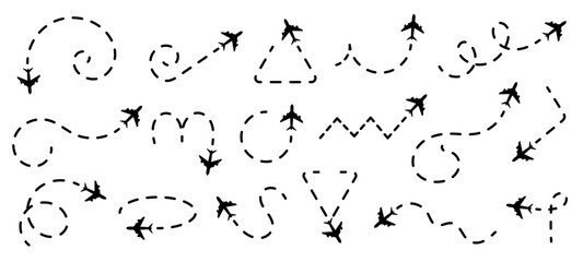 Airplane line path icons. Vector illustration of air plane flight route. Plane route line. Planes dotted flight pathway. - obrazy, fototapety, plakaty