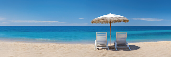 A paradisiacal beach and two sun loungers under an umbrella, the ideal destination for a holiday
