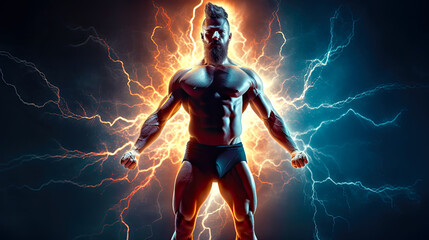 Powerful strong man in lightning aura around him. Postproducted generative AI illustration.