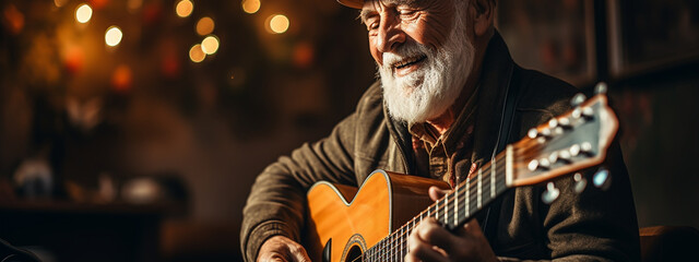 Elderly man playing guitar at home - obrazy, fototapety, plakaty