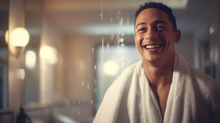 Man after shower with hygiene, towel and beauty - obrazy, fototapety, plakaty