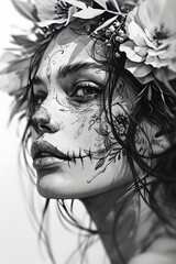 Calavera Elegance: Black and White Portrait of a Young Woman Adorned for the Mexican Celebration Dia de los Muertos - A Striking Blend of Beauty and Tradition in Monochromatic Splendor - Generative AI