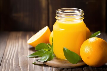 Freshly Squeezed Orange Juice in a Mason Jar with Oranges and Basil
