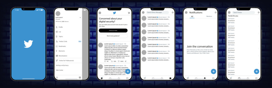 Twitter mobile interface. Twitter screen social media, social network interface template. Homepage, logo, bird. notofications, search, trends. Template of iphone 14. Gradient background. Editorial