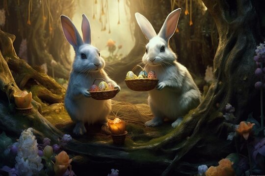 Embark on a magical journey with imaginative images of mythical Easter bunnies in a fantasy realm. Generative AI
