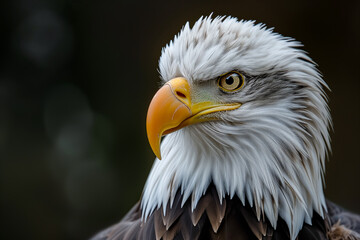 Obraz premium A closeup of a (bald ) sea eagle looking straight into the camera, Bald Eagle X. Bald headed eagle, side profile.