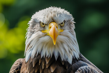Naklejka premium A closeup of a (bald ) sea eagle looking straight into the camera, Bald Eagle X. Bald headed eagle, side profile.