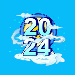 Happy New Year 2024 celebrates cartoon icon illustration. Flat design style