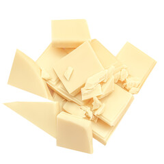 Broken white chocolate pieces  isolated on white background. Cubes of irregular chocolate shape for package design. Top view. Flat lay.