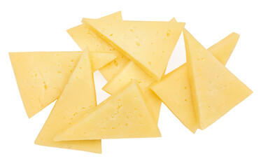 Cheese triangle pieces  isolated on white background.  Swiss cheese slices for  package design..