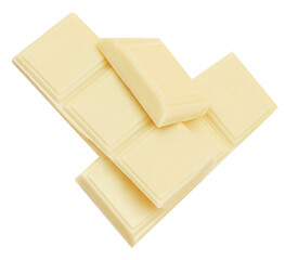 White chocolate pieces isolated on white background.  Chocolate Package design elements. Top view. Flat lay.