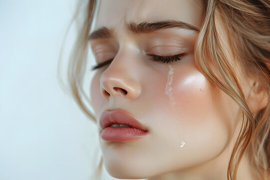 Closeup portrait of crying woman with tears