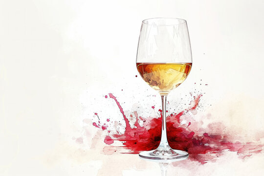 glass of wine isolated on white, watercolour style, splashes of wine around 