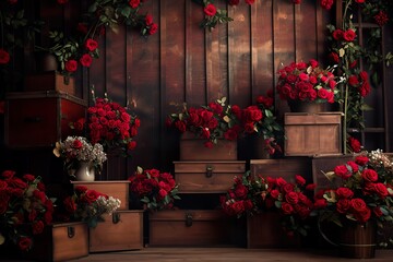 Fototapeta na wymiar valentine's day romantic rose wall with wooden wooden boxes and flowers