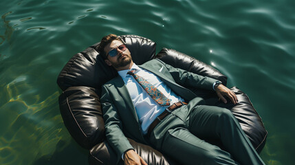 Businessman in suit and tie in a sea in an inflatable boat