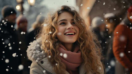 Happy young girl is tossing the snow. Winter vacations concept