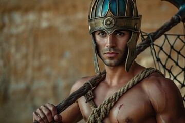 Close-up studio shot of a male gladiator warrior with a trident and net, against a backdrop of a sandy arena. - obrazy, fototapety, plakaty