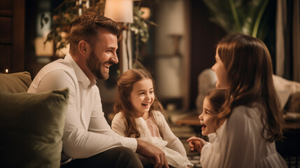 Fototapeta premium Portrait Of Smiling Family Relaxing On Seat At Home
