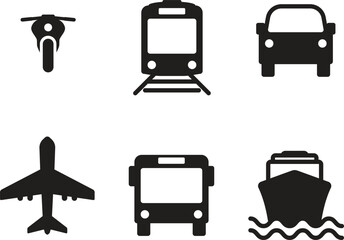 Vehicle icons. Motorcycle, train, car, airplane, bus, ship.