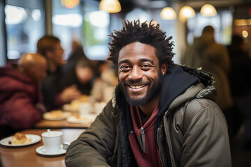 Happy dark-skinned homeless man, bum, beggar eats at a canteen against the backdrop of people.Helping the homeless, charity, volunteering - obrazy, fototapety, plakaty