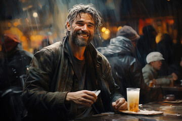Happy homeless man, bum, beggar eats a canteen against the background of people. Help the homeless, charity, volunteering - obrazy, fototapety, plakaty