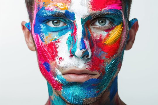 Creative studio portrait of a European man with abstract face paint, isolated on a white background